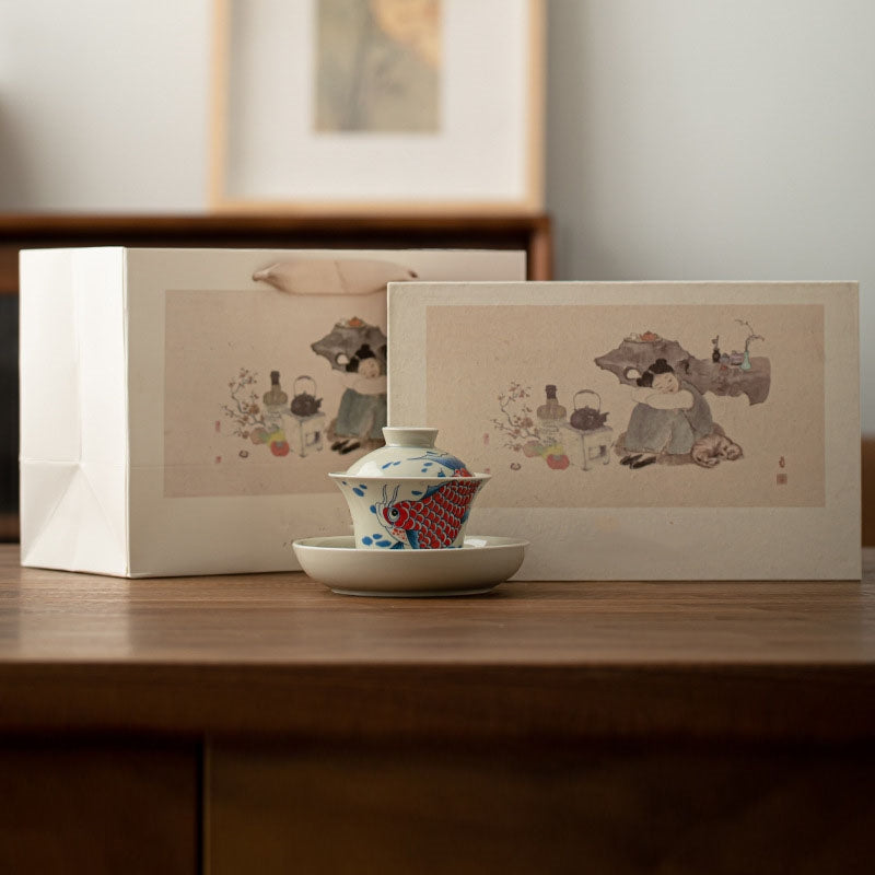 Buddha Stones Koi Fish Arowana Ceramic Gaiwan Sancai Teacup Kung Fu Tea Cup With Lid 130ml Cup BS Red Koi Fish Gaiwan Teacup 13.5cm*9.7cm*130ml(Gift Box)