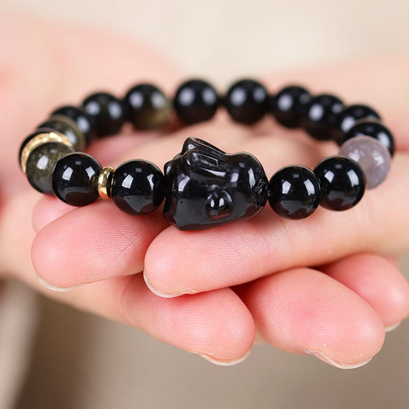 Buddha Stones Gold Sheen Obsidian Black Obsidian Silver Sheen Obsidian Cute Rabbit Protection Bracelet Bracelet BS 8