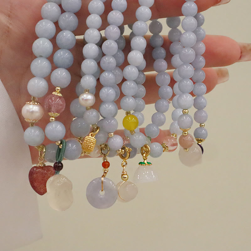 Buddha Stones Natural Aquamarine Chalcedony Serenity Rabbit Gourd Cat Charm Bracelet Bracelet BS 12