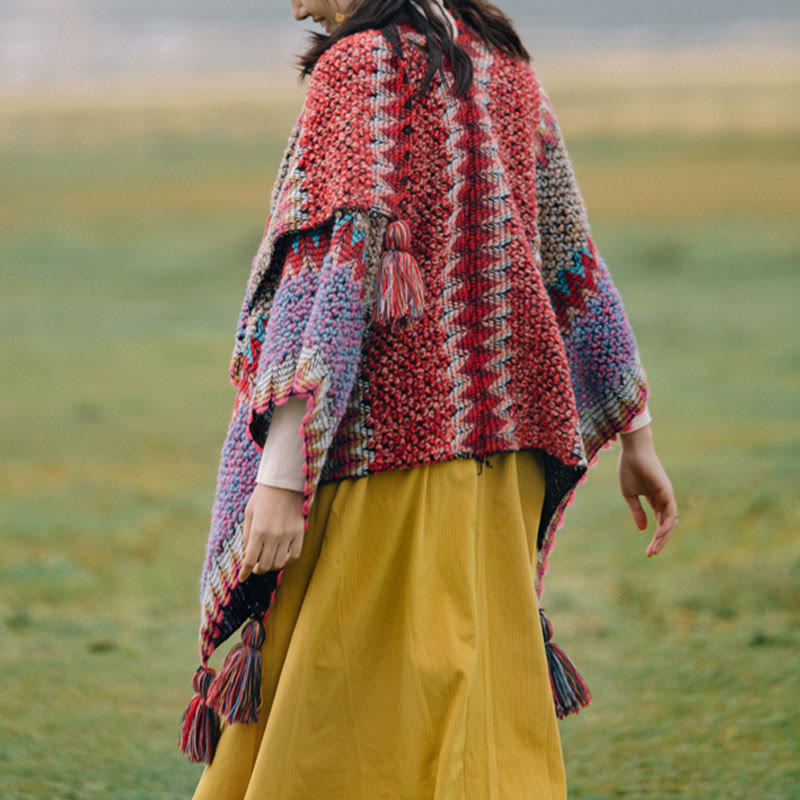 Buddha Stones Tibetan Shawl Knitting Warm Cloak Tibetan Tassel Scarf Tibetan Shawl BS 3