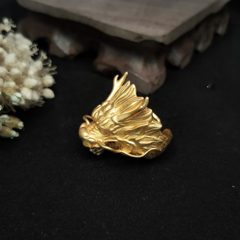 Buddha Stones Golden Dragon Luck Protection Ring Ring BS 2