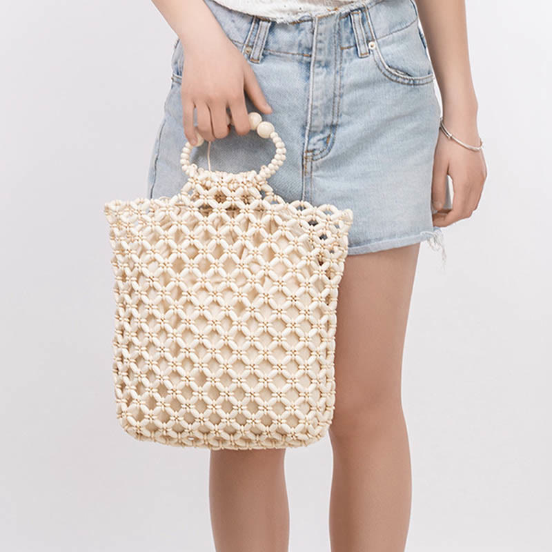 Buddha Stones Hand-woven Fishing Line Braiding Mesh Hollow Wooden Beads Handbag Handbags BS 10