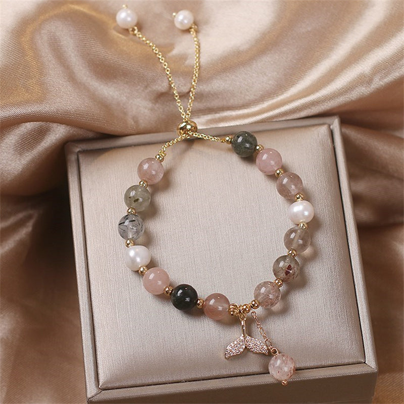 Buddha Stones Strawberry Quartz Rutilated Quartz Fishtail Charm Healing Bracelet Bracelet BS 9