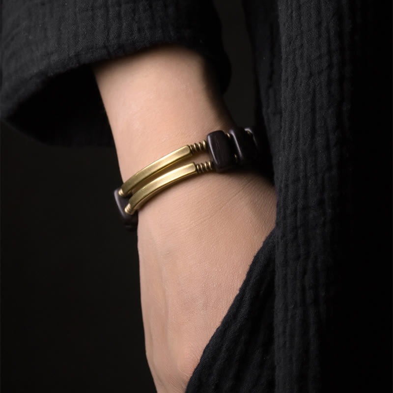 Buddha Stones Tibetan Ebony Wood Brass Copper Balance Double Layer Bracelet - image 2