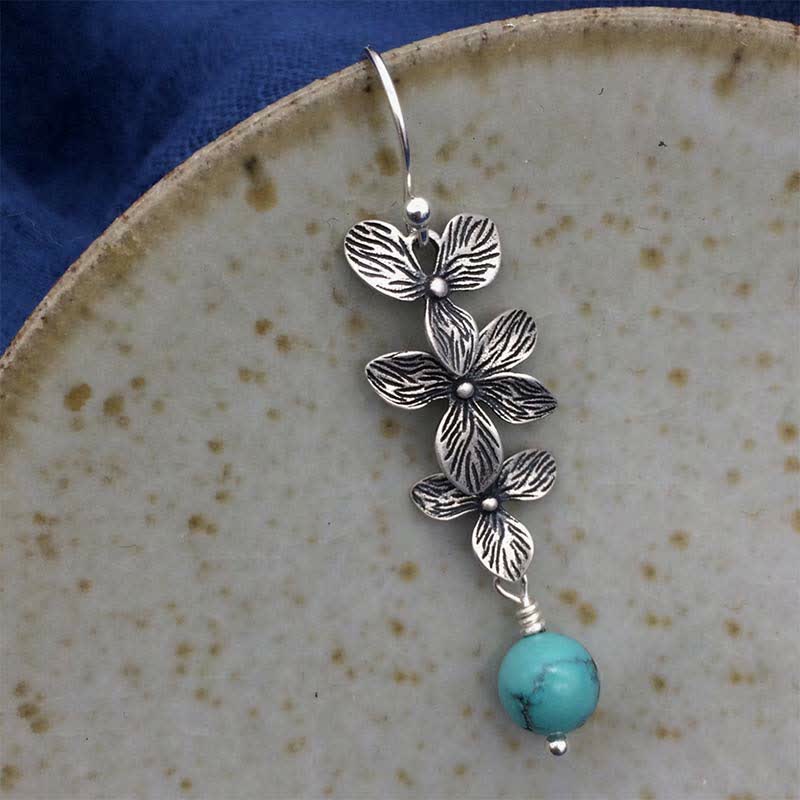 Buddha Stones 925 Sterling Silver Turquoise Lazurite Flower Leaf Serenity Protection Hook Drop Dangle Earrings - image 2