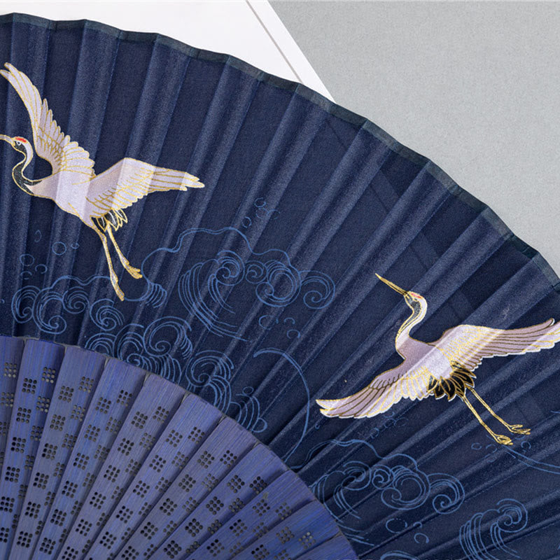 Buddha Stones Crane Dragonfly Lotus Peony Plum Blossom Butterfly Handheld Silk Bamboo Folding Fan 22.5cm 3