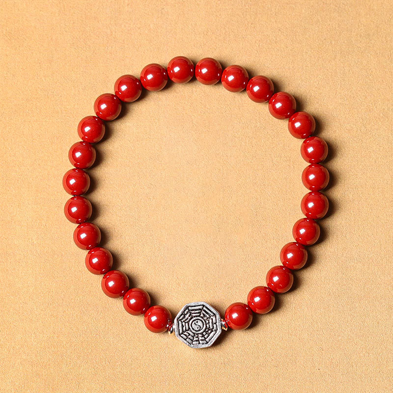 Buddha Stones 925 Sterling Silver Yin Yang Bagua Symbol Cinnabar String Concentration Bracelet Bracelet BS Cinnabar Beads(Elastic String) 23cm