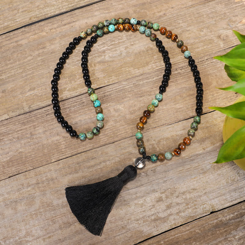 Buddha Stones 108 Mala Beads Natural Stone Tiger Eye Turquoise Protection Strength Bracelet Necklace Bracelet Necklaces & Pendants BS 5