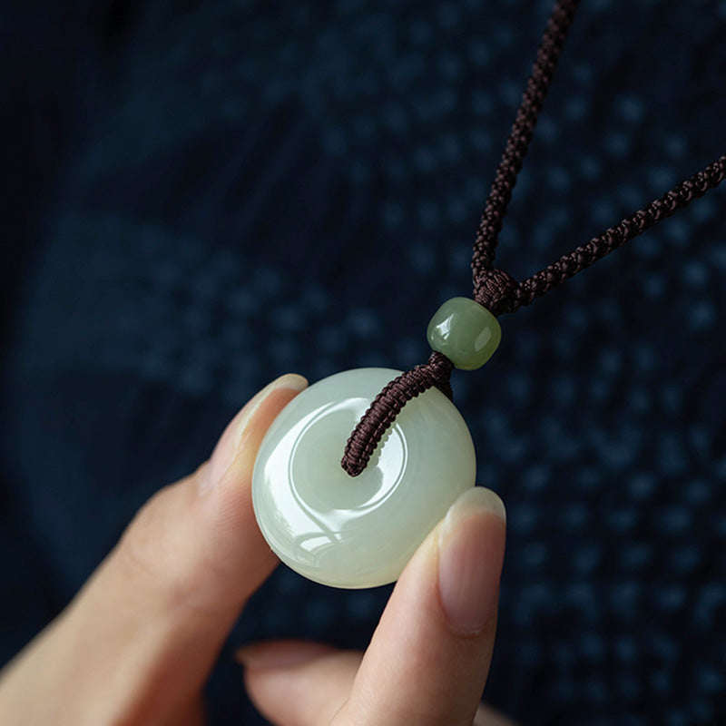 Buddha Stones Natural Round Jade Peace Buckle Luck Prosperity Necklace Pendant Necklaces & Pendants BS 4