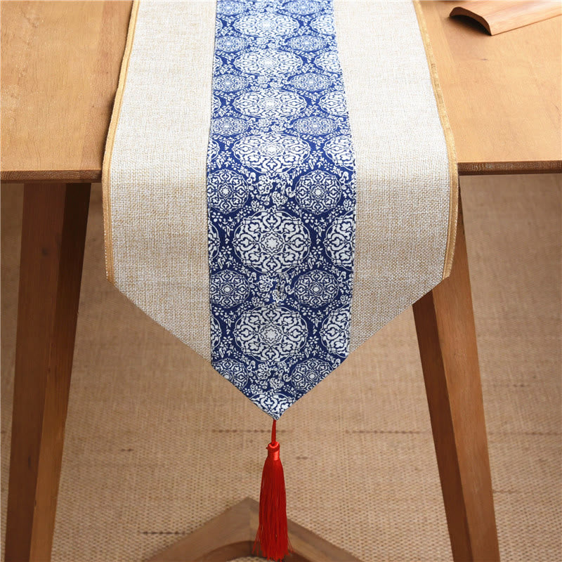 Buddha Stones Classic Chinese Style Lotus Koi Fish Flower Crane Calligraphy Enlightenment Cotton Linen Tassels Table Runner Table Runner BS 23