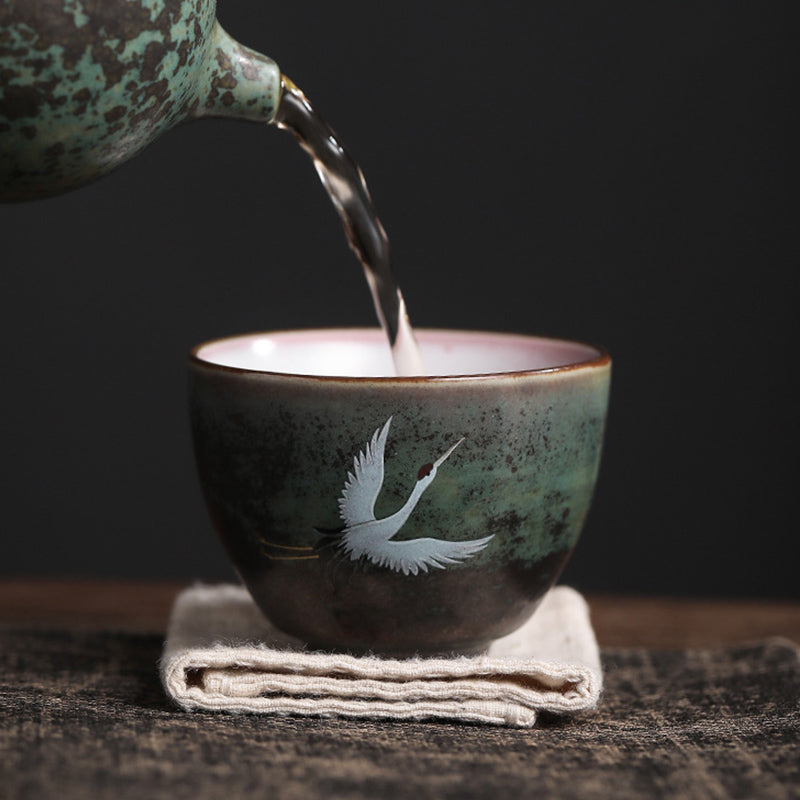 Buddha Stones Auspicious Crane Ceramic Teacup Kung Fu Tea Cup Bowl Cup BS 9