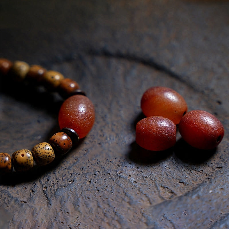 Buddha Stones Tibetan Bodhi Seed Amber Dzi Bead Agate Zakiram Goddess of Wealth Beads Triple Wrap Bracelet Bracelet BS 6