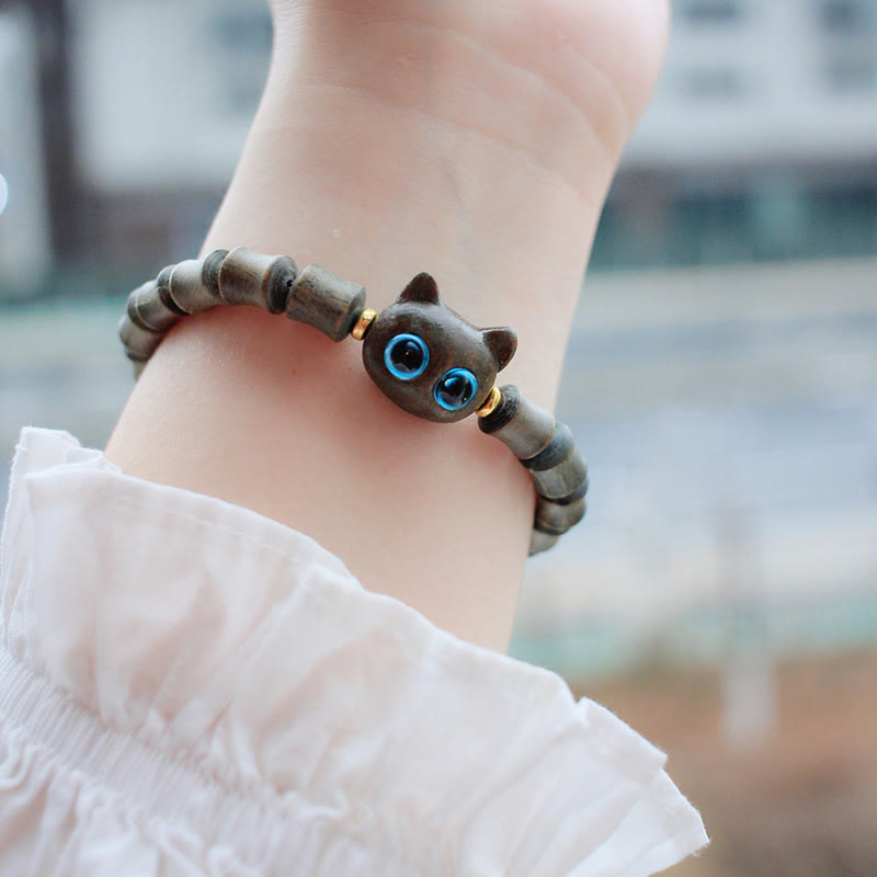 Buddha Stones Ebony Wood Green Sandalwood Cute Cat Peace Bracelet Bracelet BS 6