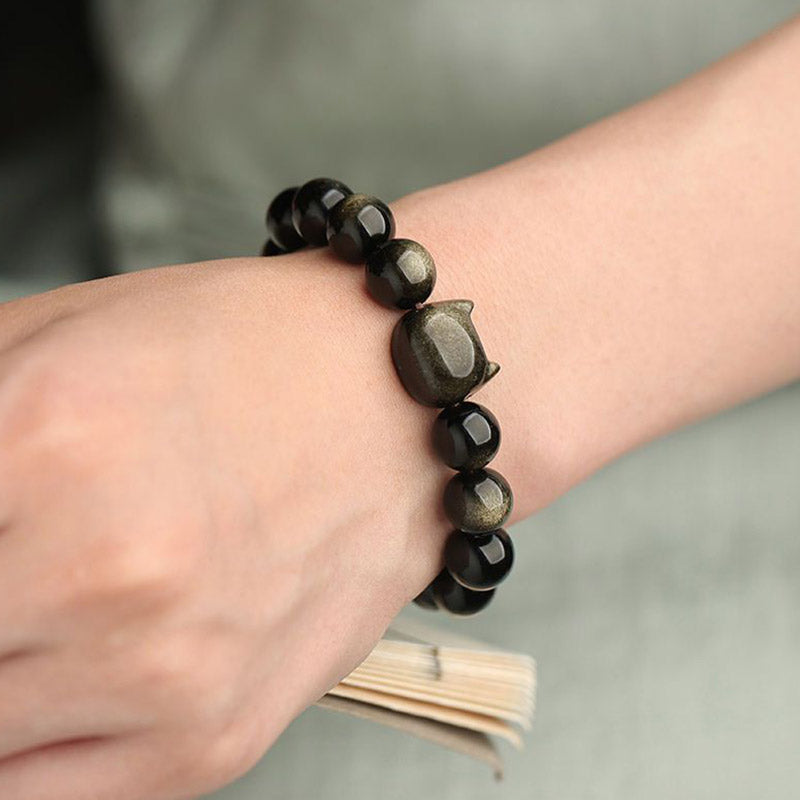 Foviel Gold Sheen Obsidian Silver Sheen Obsidian Lovely Paw Lucky Cat Protection Bracelet