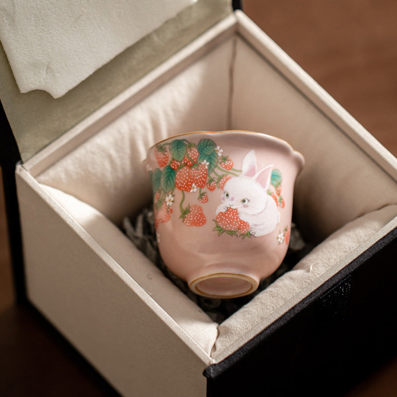 Buddha Stones Cute Strawberry Rabbit Flower Ceramic Teacup Kung Fu Tea Cup 55ml Cup BS 1