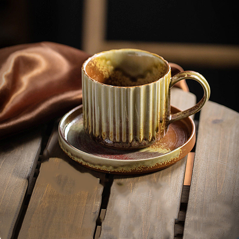 Buddha Stones Retro Striped Kiln Change Ceramic Coffee Mug Rough Pottery Tea Coffee Cup With Saucer 250ml Coffee Mug BS Khaki Yellow 12cm*8.5cm*7cm*250ml