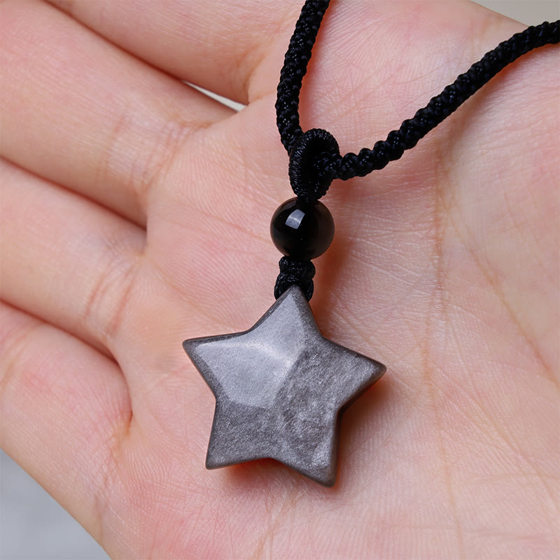 Buddha Stones Natural Silver Sheen Obsidian Star Crescent Moon Protection Necklace Pendant Necklaces & Pendants BS 7
