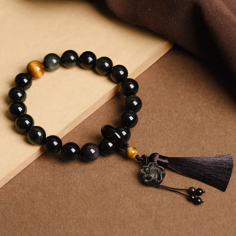 Buddha Stones Natural Black Obsidian Lion Wrist Mala Protection Tassels Pocket Mala Car Decoration Wrist Mala&Decorations BS Black Obsidian&Flower
