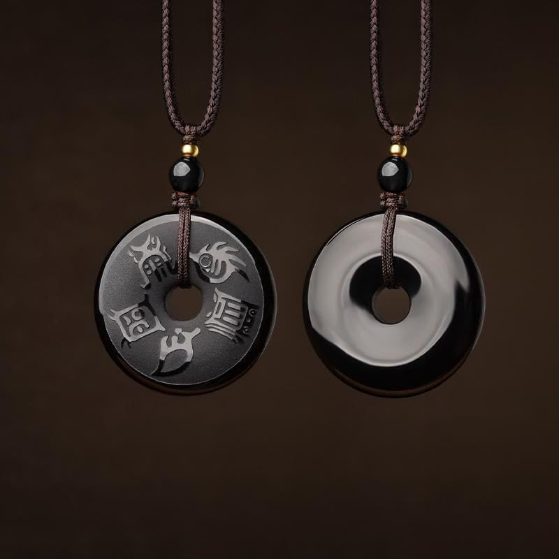 Buddha Stones Black Obsidian Taoism Five Sacred Mountains Carved Strength Peace Buckle Necklace Pendant Key Chain Phone Hanging Decoration Necklaces & Pendants BS main