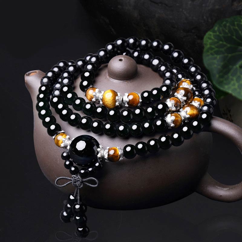 Buddha Stones 108 Beads Natural Black Obsidian Tiger Eye Mala Bracelet Mala Bracelet BS Black Obsidian&Tiger Eye 6mm