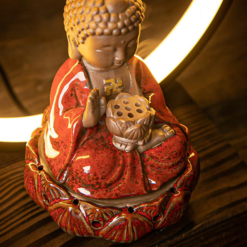 Buddha Stones Buddha Lotus Backflow Smoke Fountain Ceramic Blessing Incense Burner With Light Decoration Incense Burner BS 3