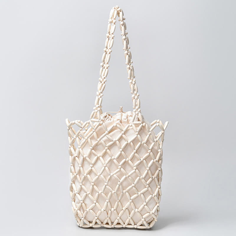 Buddha Stones Hand-woven Wooden Beads Shoulder Bag Handbag Shoulder Bag BS White 25*6*30cm