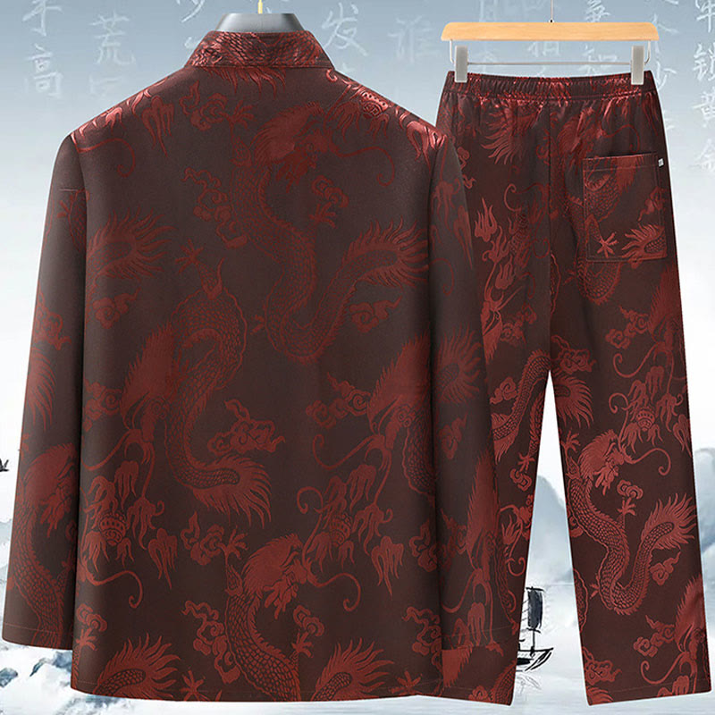 Buddha Stones Tang Suit Men Hanfu Chinese Dragon Traditional Clothes Kung Fu Shirt Uniform Long Sleeved Coat Tops and Pants Clothing Men's Set - image 4