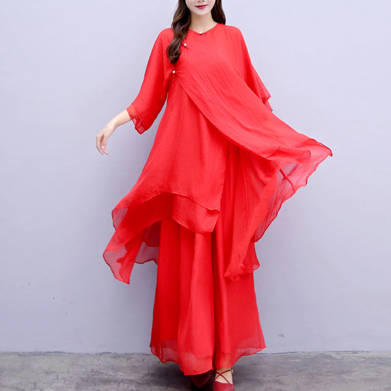 Buddha Stones 3Pcs Yoga Chiffon Clothing Uniform Meditation Zen Practice Women's Set - Red Suit(Top+Pants+Suspenders) - US6,UK/AU10,EU38 (XL) - image 28
