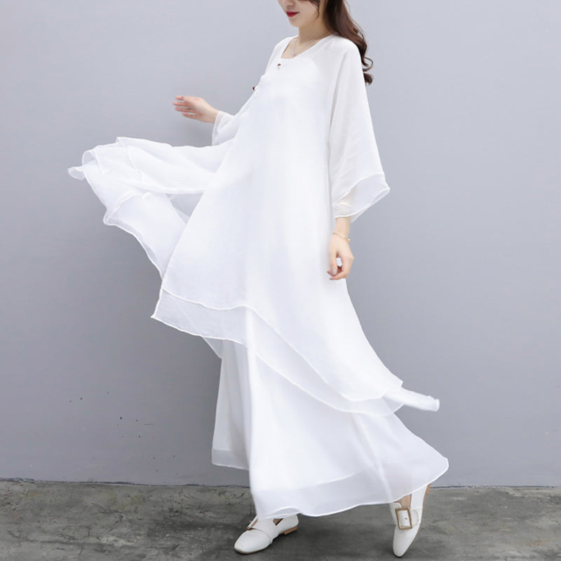 Buddha Stones 3Pcs Yoga Chiffon Clothing Uniform Meditation Zen Practice Women's Set - White Suit(Top+Pants+Suspenders) - US6,UK/AU10,EU38 (XL) - image 20