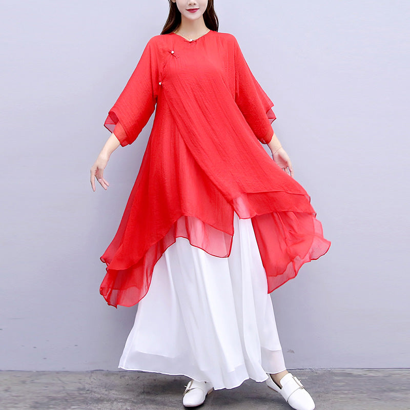 Buddha Stones 3Pcs Yoga Chiffon Clothing Uniform Meditation Zen Practice Women's Set - Red Top&White Pants&Suspenders - US6,UK/AU10,EU38 (XL) - image 32