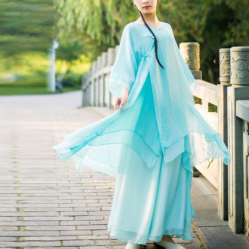 Buddha Stones 3Pcs Yoga Chiffon Clothing Uniform Meditation Zen Practice Women's Set - Light Cyan Suit(Top+Pants+Suspenders) - US6,UK/AU10,EU38 (XL) - image 0
