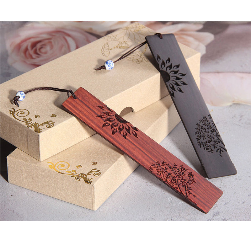 Foviel Sun Tree Ebenholz Holz kleine Blatt rote Sandelholz Lesezeichen mit Geschenk-Box
