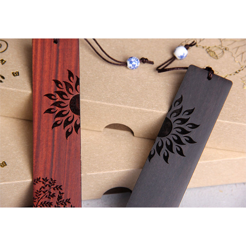 Foviel Sun Tree Ebenholz Holz kleine Blatt rote Sandelholz Lesezeichen mit Geschenk-Box