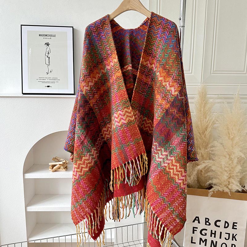 Buddha Stones Tibetan Shawl Colorful Wavy Striped Shapes Tassels Winter Cozy Travel Scarf Wrap - Purple Orange Red - image 12