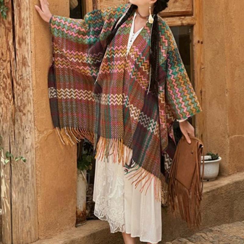 Buddha Stones Tibetan Shawl Colorful Wavy Striped Shapes Tassels Winter Cozy Travel Scarf Wrap - image 15
