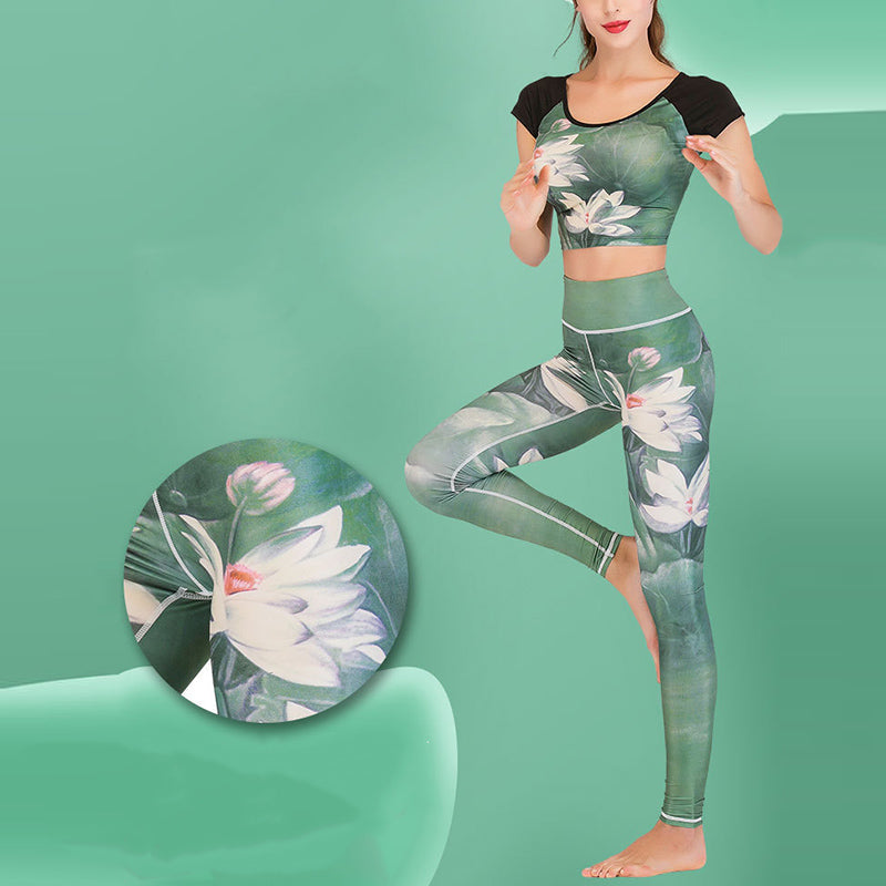 Foviel MdB 2St Lotus Phoenix Frühling Blumen Pfau Drucken Top Hosen Sport Fitness Yoga Damen Yoga Sets