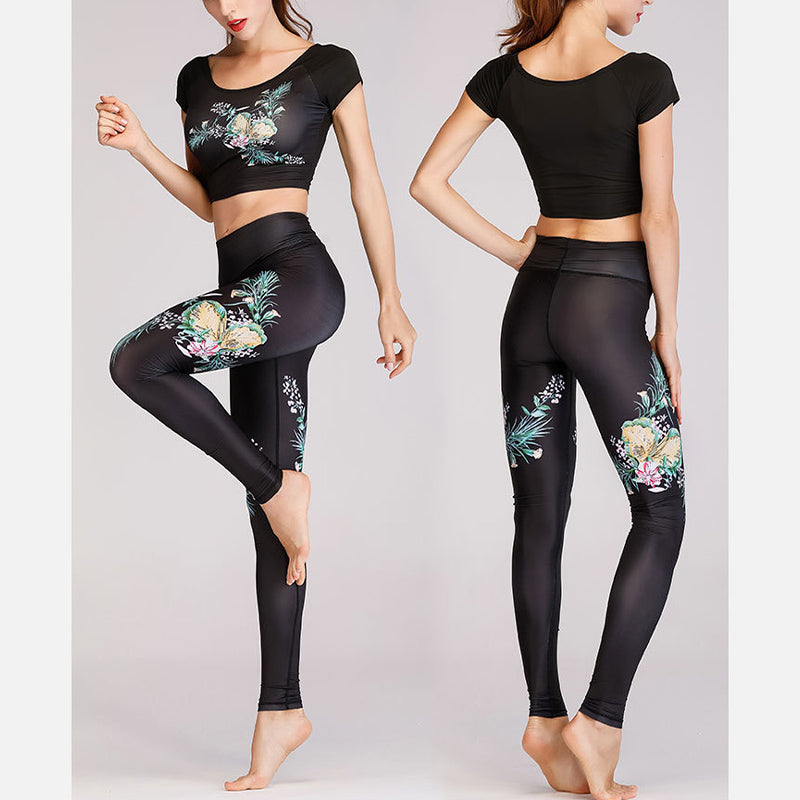 Foviel MdB 2St Lotus Phoenix Frühling Blumen Pfau Drucken Top Hosen Sport Fitness Yoga Damen Yoga Sets