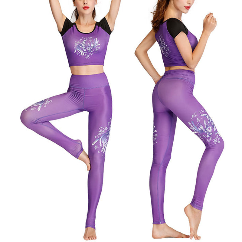 Foviel MdB 2St Lotus Phoenix Frühling Blumen Pfau Drucken Top Hosen Sport Fitness Yoga Damen Yoga Sets