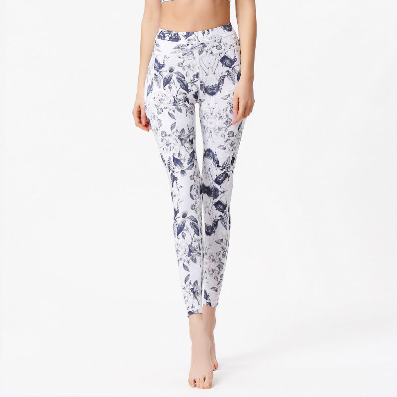 Buddha Stones Flowers Leaves Print Pants Sports Fitness Yoga Leggings Women's Yoga Pants - White Blue - US8-10,UK/AU12-14,EU40-42 (XL) - image 5