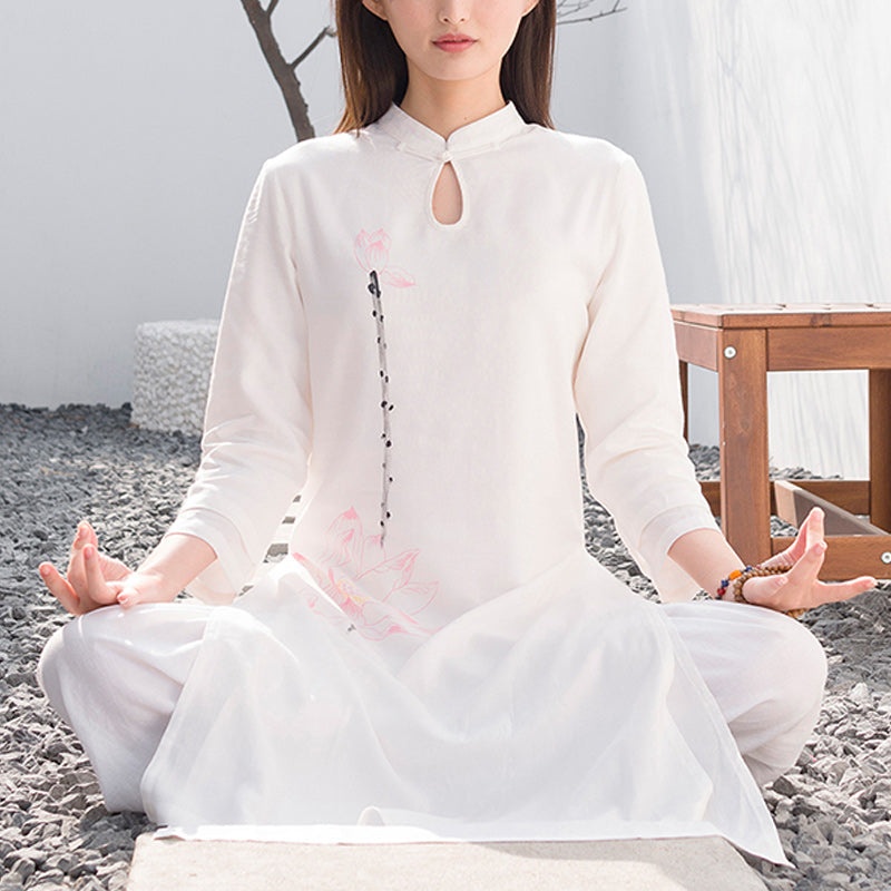 Buddha Stones 2Pcs Lotus Pattern Tai Chi Meditation Yoga Cotton Linen Clothing Top Pants Women's Set - White(Top&Pants) - US12,UK/AU16,EU44 (2XL) - image 0