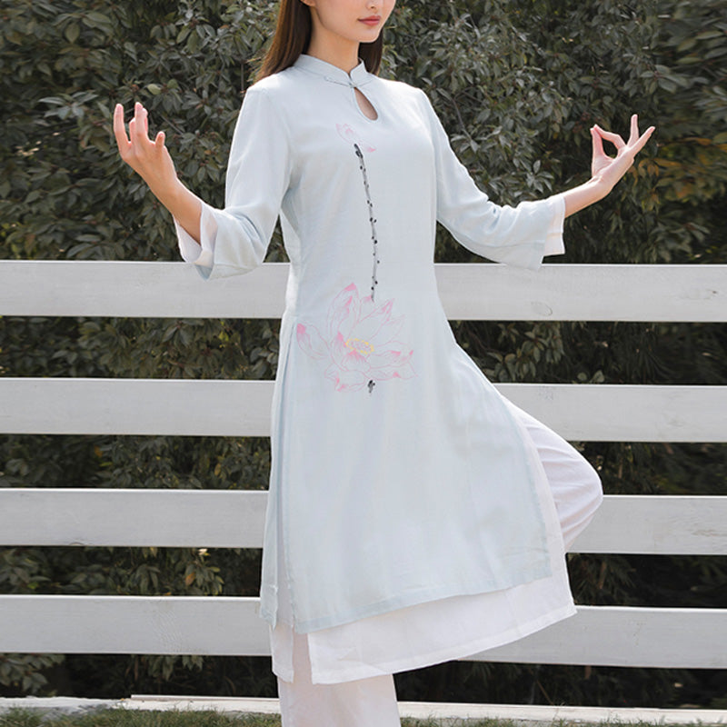 Buddha Stones 2Pcs Lotus Pattern Tai Chi Meditation Yoga Cotton Linen Clothing Top Pants Women's Set - Blue Top&White Pants - US12,UK/AU16,EU44 (2XL) - image 6