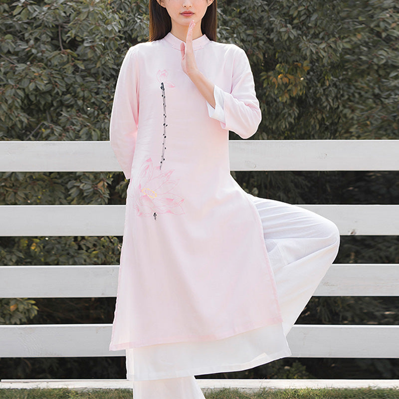 Buddha Stones 2Pcs Lotus Pattern Tai Chi Meditation Yoga Cotton Linen Clothing Top Pants Women's Set - Pink Top&White Pants - US12,UK/AU16,EU44 (2XL) - image 15