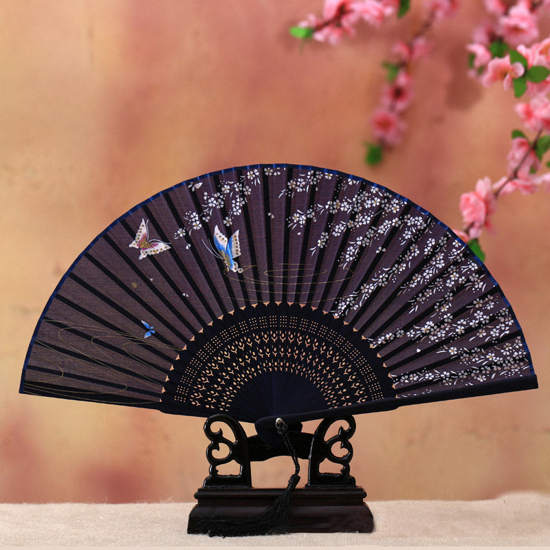 Buddha Stones Cherry Blossom Lily Butterfly Bamboo Handheld Bamboo Folding Fan 21cm - Cherry Blossom Butterfly 21cm - image 0