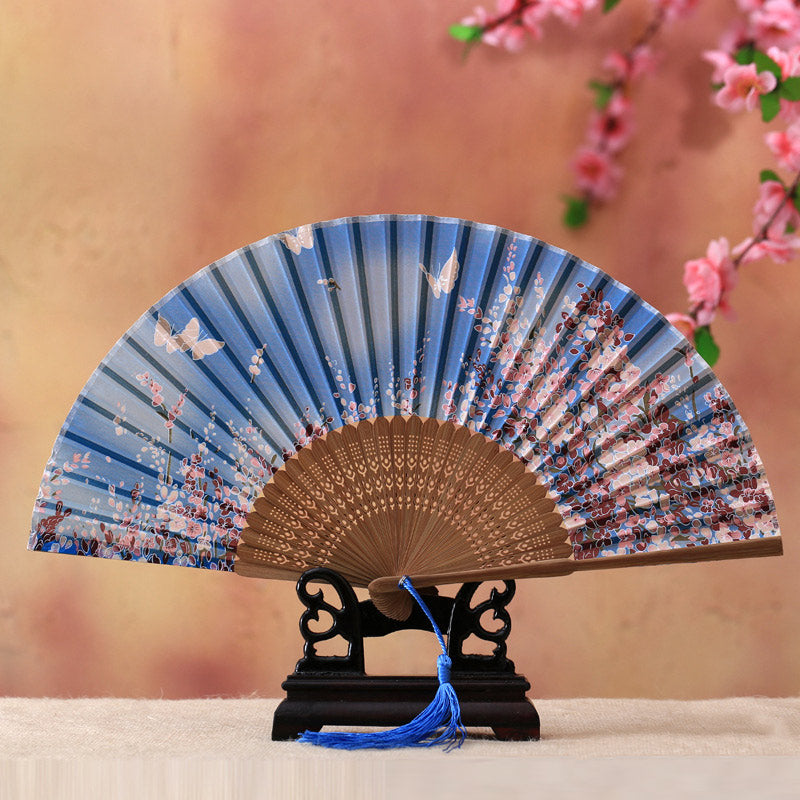 Buddha Stones Cherry Blossom Lily Butterfly Bamboo Handheld Bamboo Folding Fan 21cm - Sky Blue Butterfly Cherry Blossom 21cm - image 6
