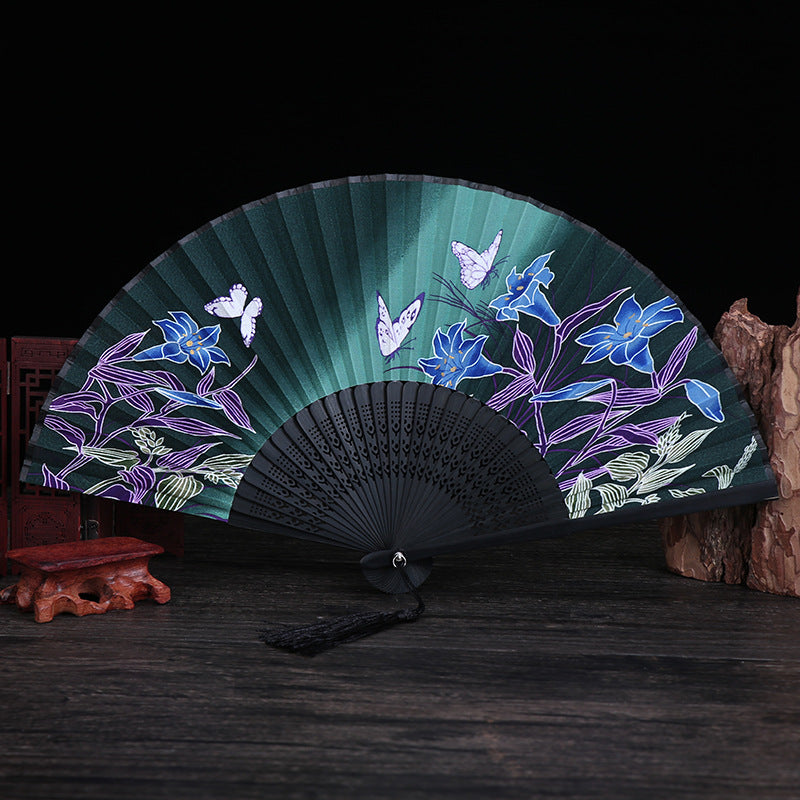 Buddha Stones Cherry Blossom Lily Butterfly Bamboo Handheld Bamboo Folding Fan 21cm - Green Black Butterfly Lily 21cm - image 9
