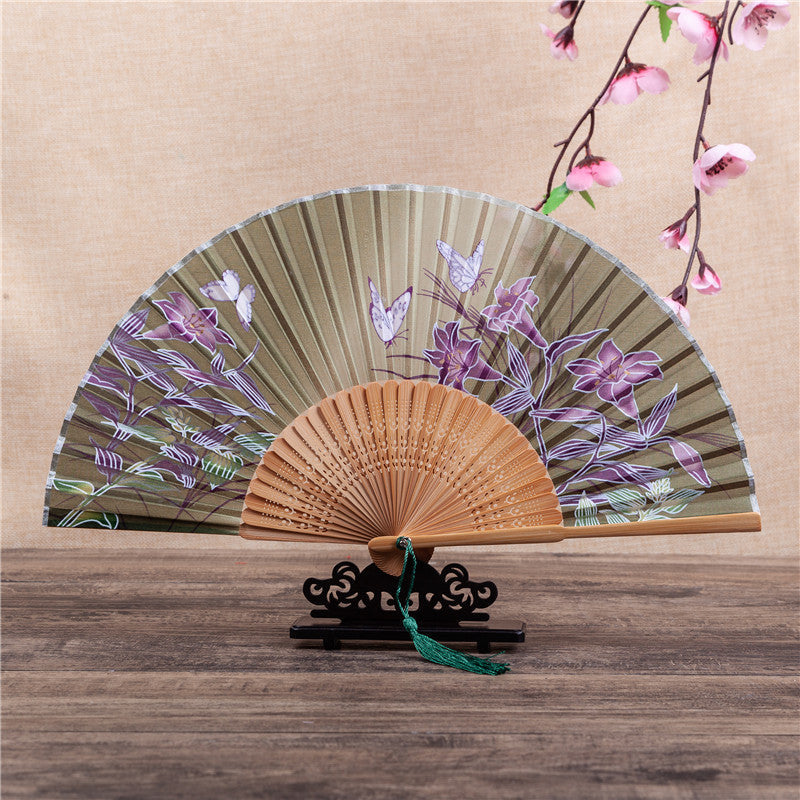 Buddha Stones Cherry Blossom Lily Butterfly Bamboo Handheld Bamboo Folding Fan 21cm - Brown Green Butterfly Lily 21cm - image 12
