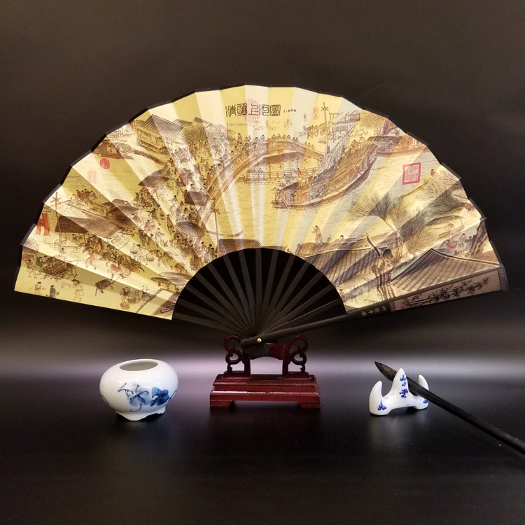 Buddha Stones Great Wall Mountains Trees Crane Bamboo Handheld Bamboo Folding Fan 33.5cm - Along The River During The Qingming Festival 33.5cm - image 17