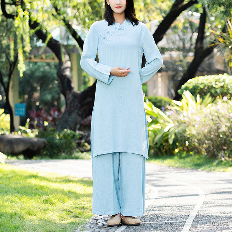 Buddha Stones 2Pcs Plain Long Sleeve Zen Yoga Clothing Meditation Clothing Top Pants Women's Set - Blue (Top&Pants) - US8-10,UK/AU12-14,EU40-42 (2XL) - image 9