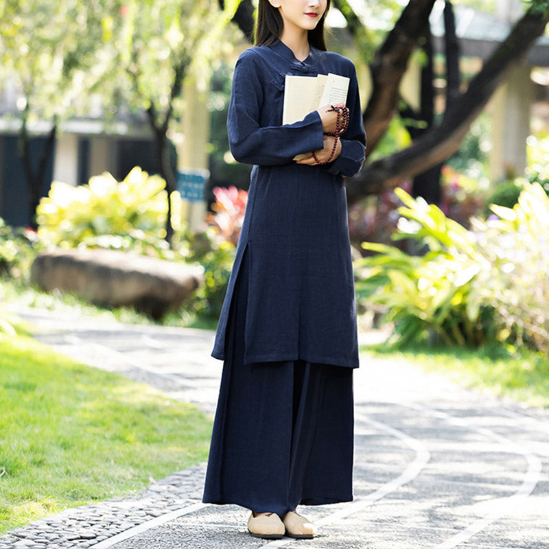 Buddha Stones 2Pcs Plain Long Sleeve Zen Yoga Clothing Meditation Clothing Top Pants Women's Set - Navy Blue (Top&Pants) - US8-10,UK/AU12-14,EU40-42 (2XL) - image 10