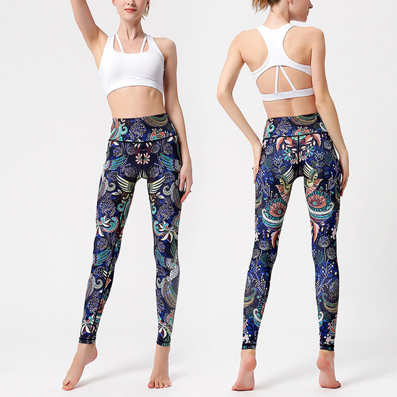 Legging de yoga pour femme Foviel à imprimé fleurs, feuilles et oiseaux, pantalon de sport, de fitness et de danse